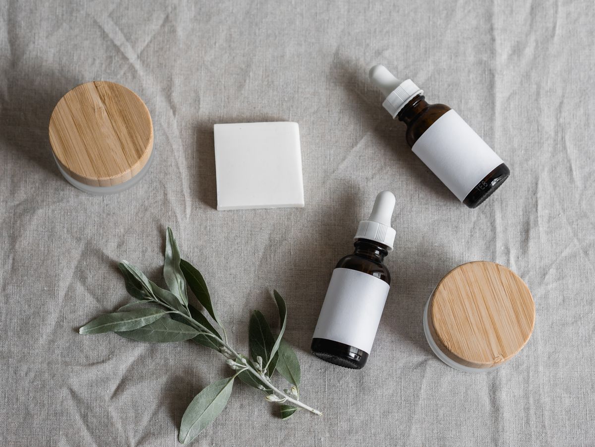 Skincare bottles and jars arranged on a shelf
